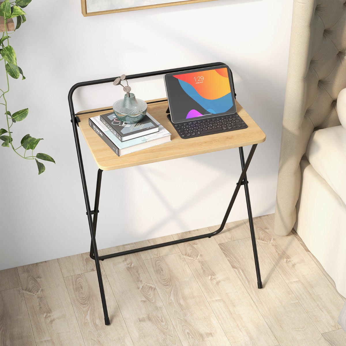 Scrivania Pieghevole per computer da 60cm, Scrivania Compatta con Supporto per Tablet, Naturale, Costway, 3