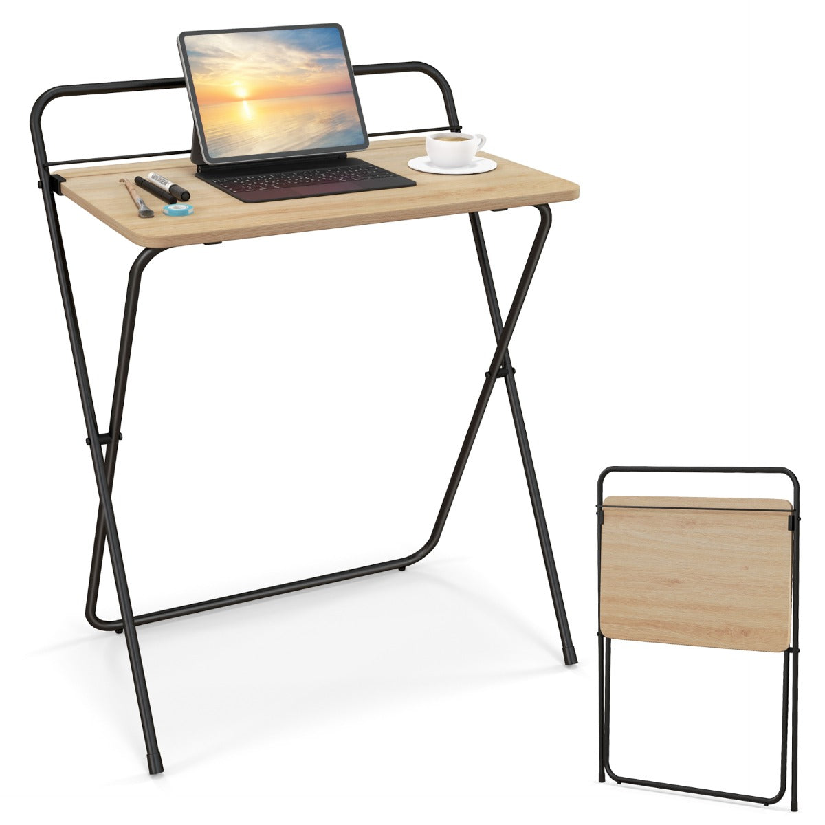 Scrivania Pieghevole per computer da 60cm, Scrivania Compatta con Supporto per Tablet, Naturale, Costway, 5