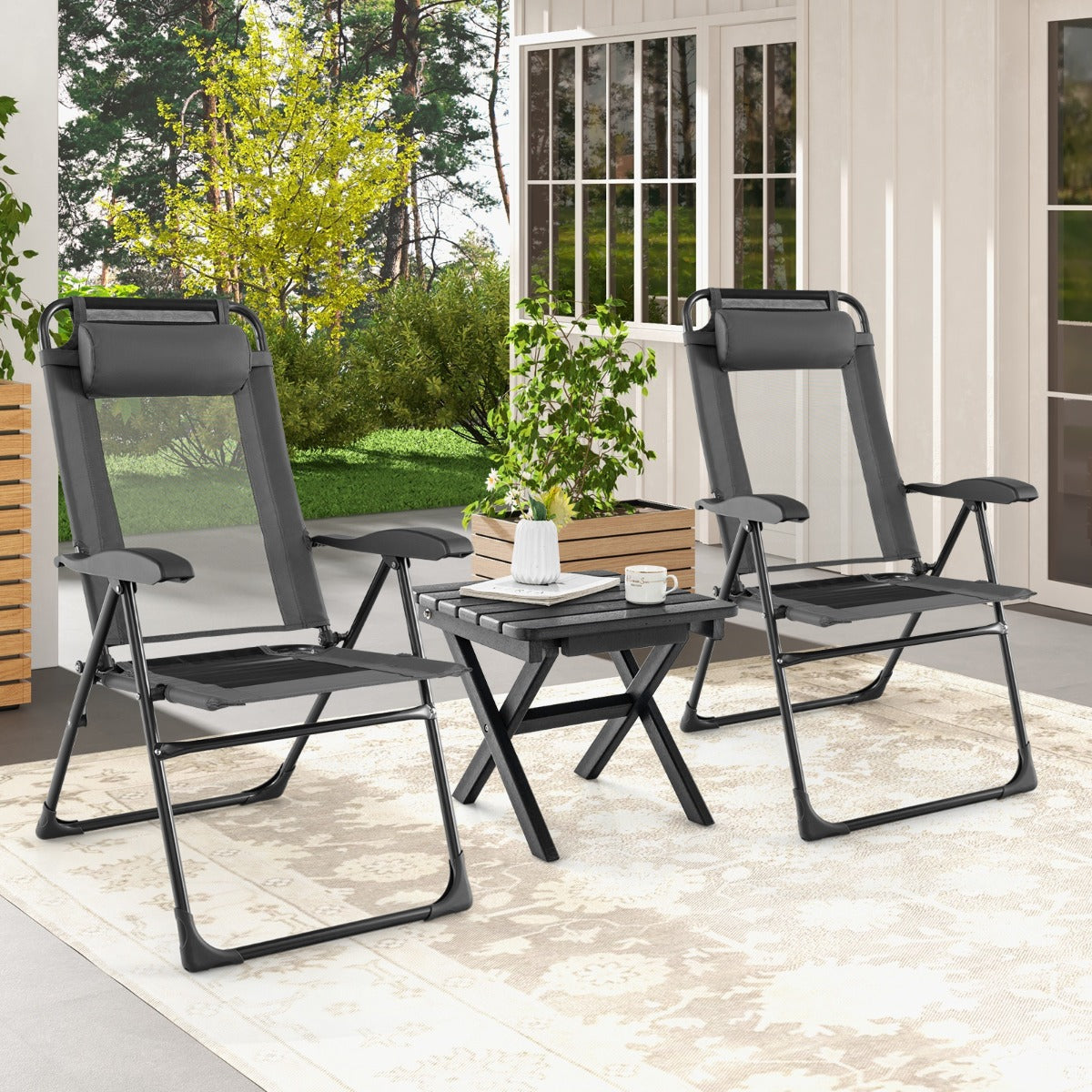 Costway -Sedie pieghevoli, Set 2, Sedie da giardino, Sedie da esterno, con schienale a 7 livelli struttura in metallo, Grigio, Costway, 2