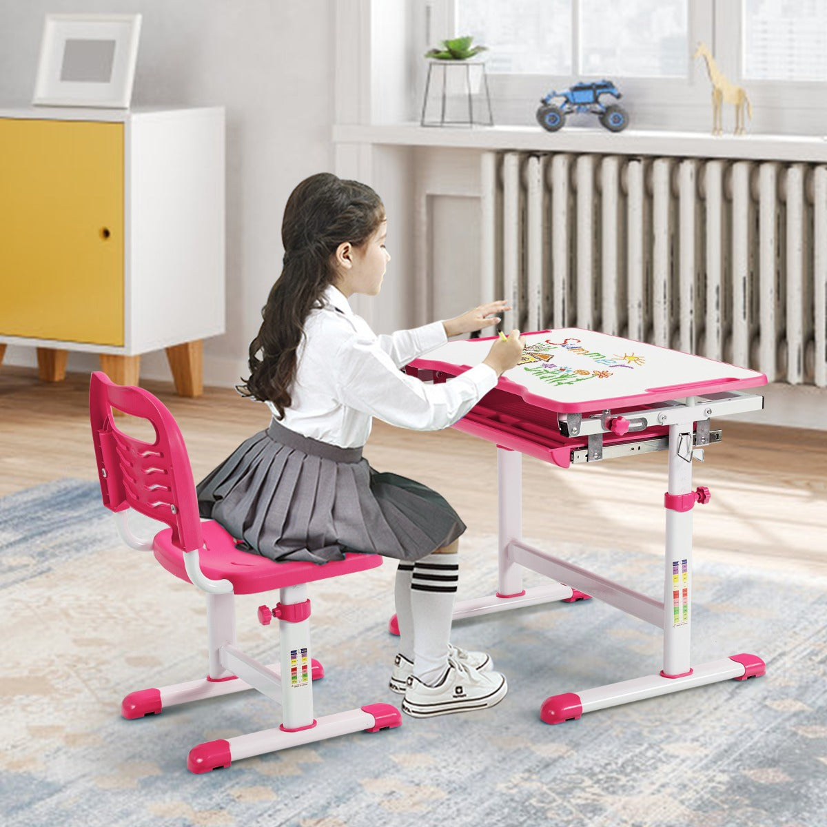 Set, Scrivania bambini elementari, Sedia per bambini, tavolo e sedie bambini, altezza regolabile e cassetto, Rosa, Costway, 2