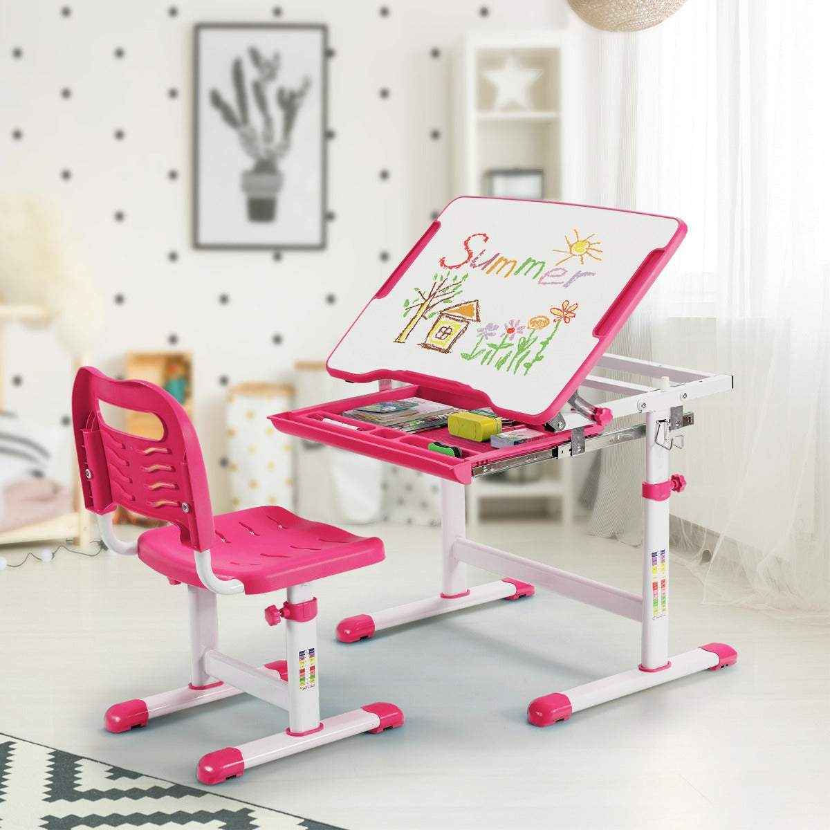 Set, Scrivania bambini elementari, Sedia per bambini, tavolo e sedie bambini, altezza regolabile e cassetto, Rosa, Costway, 4