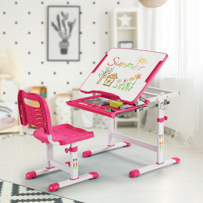 Set, Scrivania bambini elementari, Sedia per bambini, tavolo e sedie bambini, altezza regolabile e cassetto, Rosa, Costway, 4