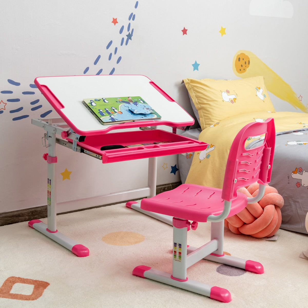 Set, Scrivania bambini elementari, Sedia per bambini, tavolo e sedie bambini, altezza regolabile e cassetto, Rosa, Costway, 3