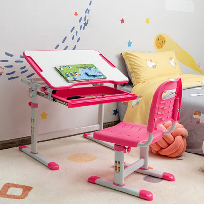 Set, Scrivania bambini elementari, Sedia per bambini, tavolo e sedie bambini, altezza regolabile e cassetto, Rosa, Costway, 3