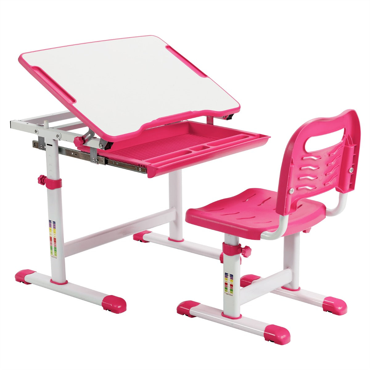 Set, Scrivania bambini elementari, Sedia per bambini, tavolo e sedie bambini, altezza regolabile e cassetto, Rosa, Costway, 1