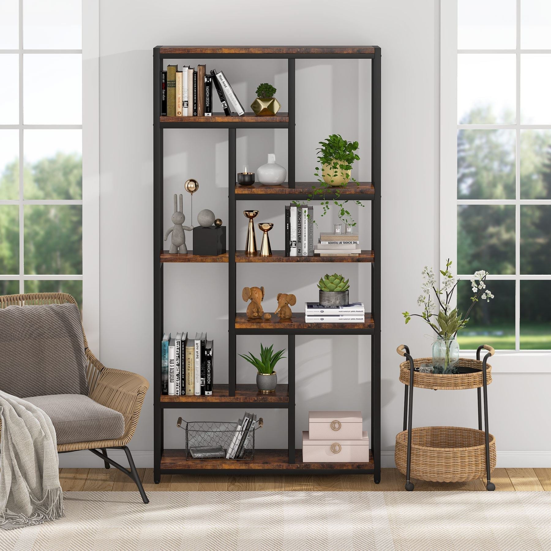 Libreria, 7 ripiani, Librerie Moderne, 100 × 30 × 200 cm, Libreria Verticale, con Struttura in Acciaio, Marrone, Tribesigns