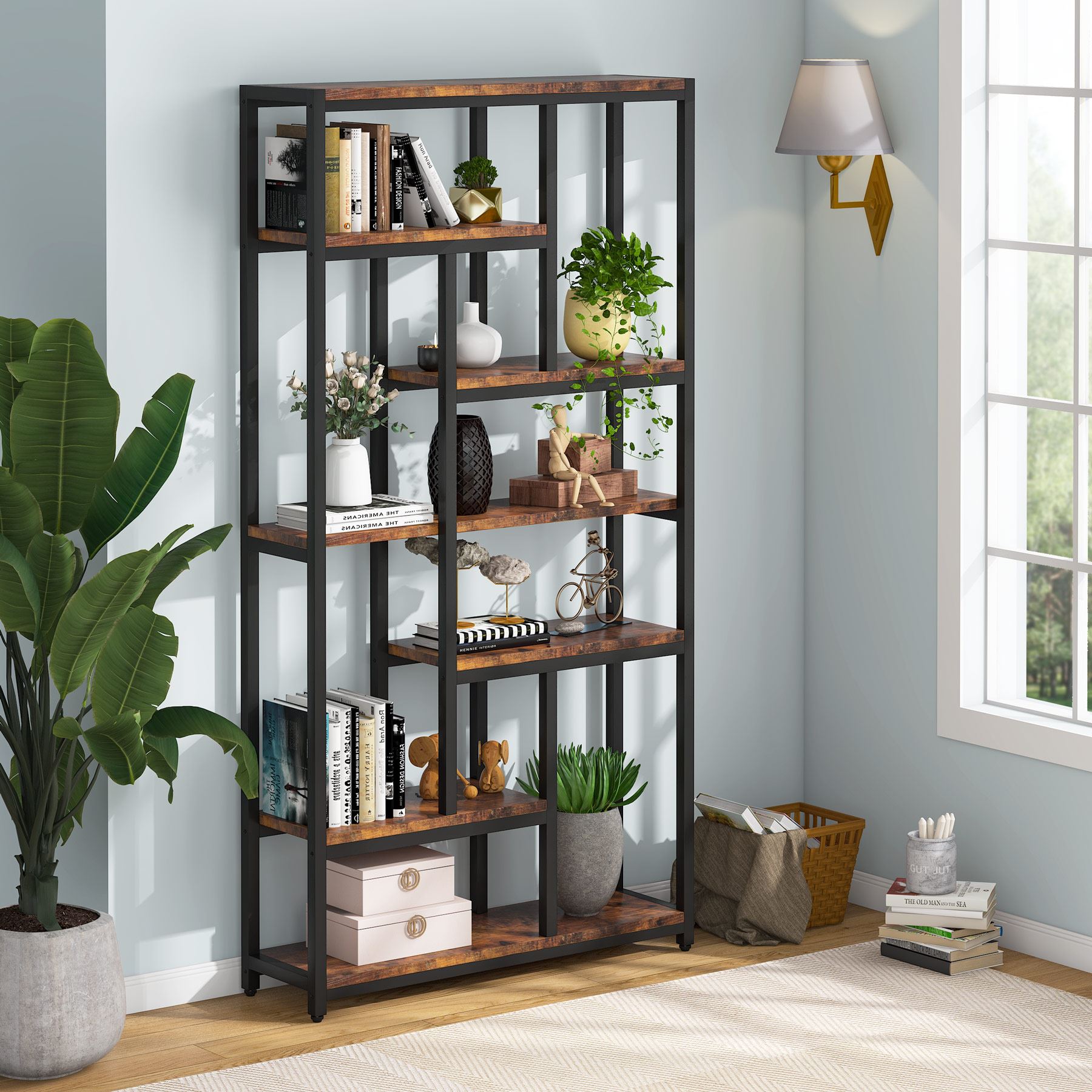 Libreria, 7 ripiani, Librerie Moderne, 100 × 30 × 200 cm, Libreria Verticale, con Struttura in Acciaio, Marrone, Tribesigns