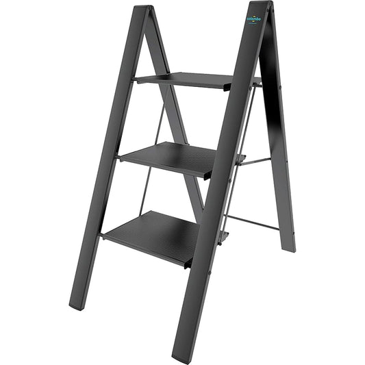  Scala a pioli, Scaletta 3 gradini, Scaletta Pieghevole, Scaletta alluminio, fino a 150 kg antiscivolo, Nero, Colombo Leonardo 3 , 1