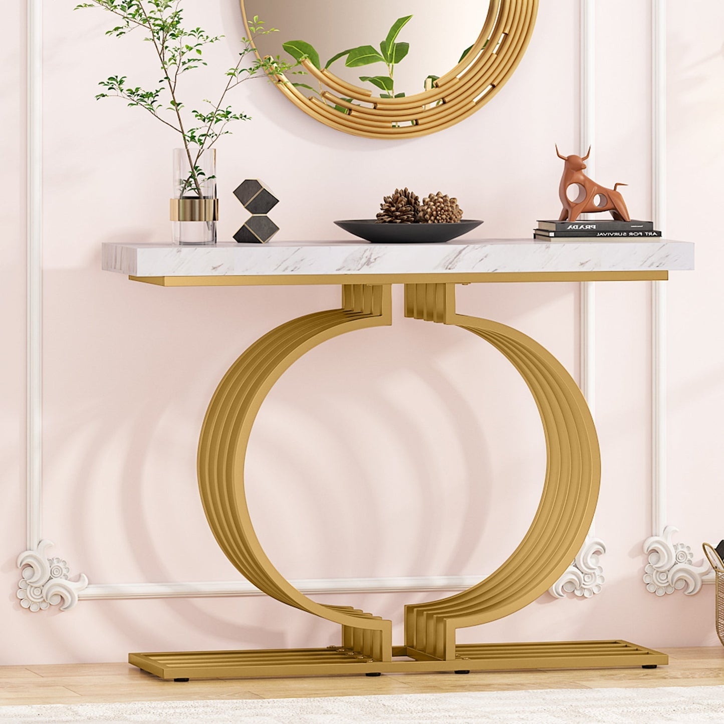 Tribesigns - Consolle moderna con base dorata, tavolo contemporaneo per soggiorno, finto marmo bianco