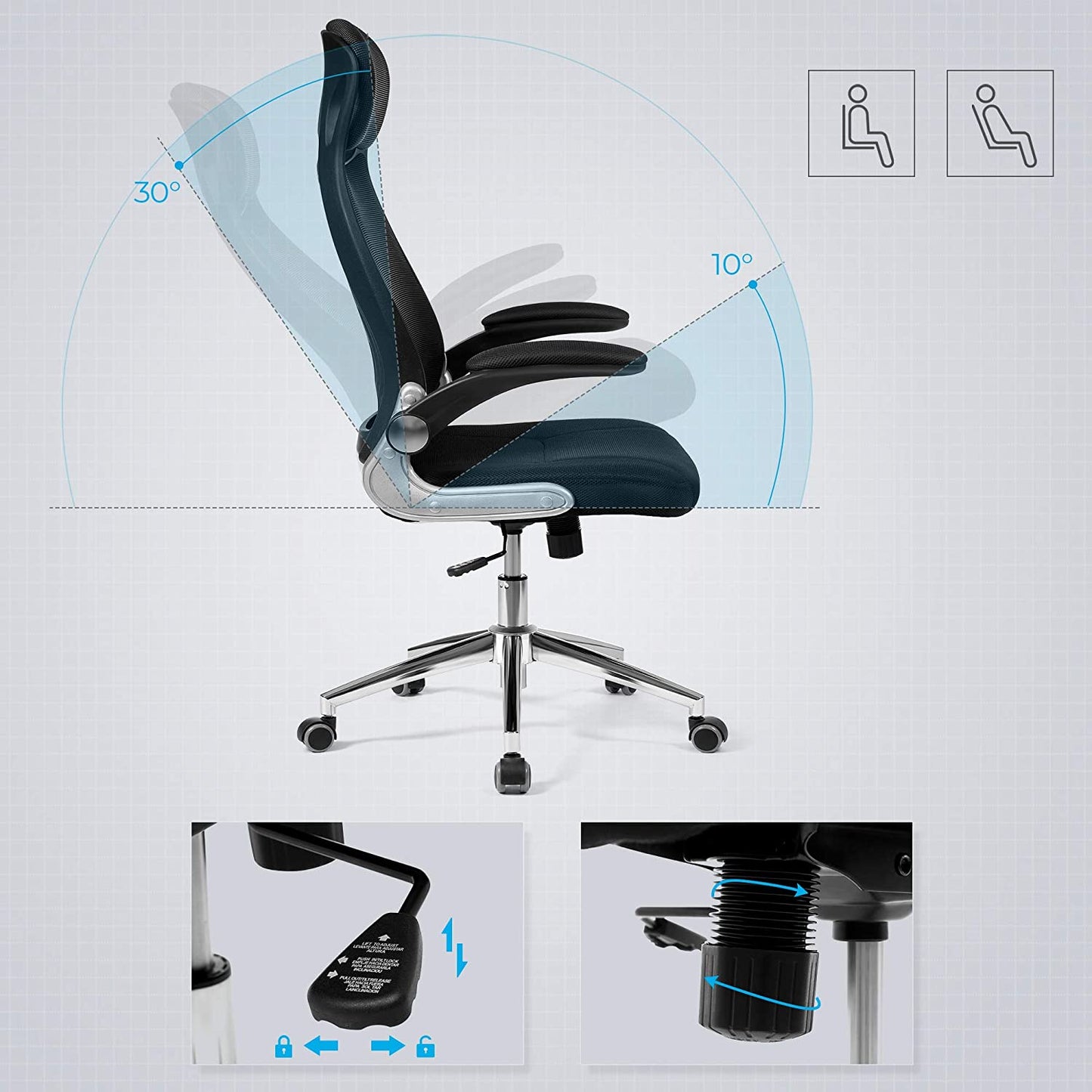 SONGMICS - Sedia da ufficio, regolabile in altezza, girevole, schienale reclinabile