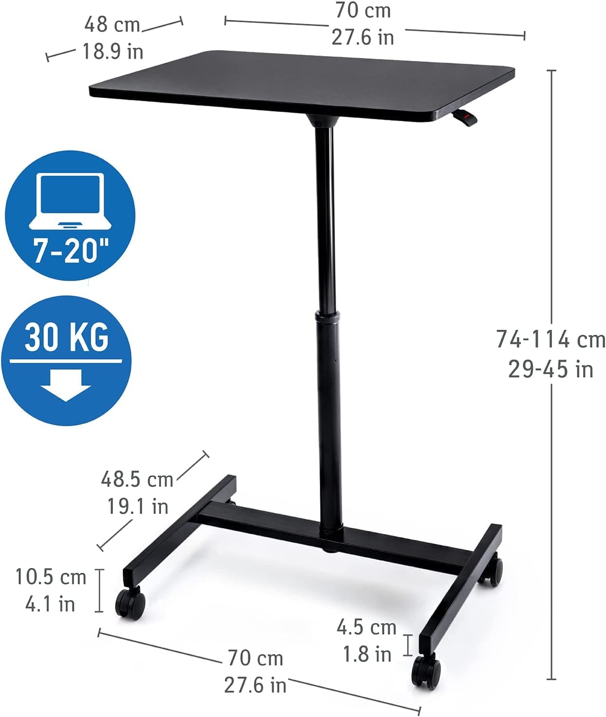 Tavolo per laptop, regolabile in altezza 74-114 cm, Piano tavolo 48x70 cm, Tatkraft Focus