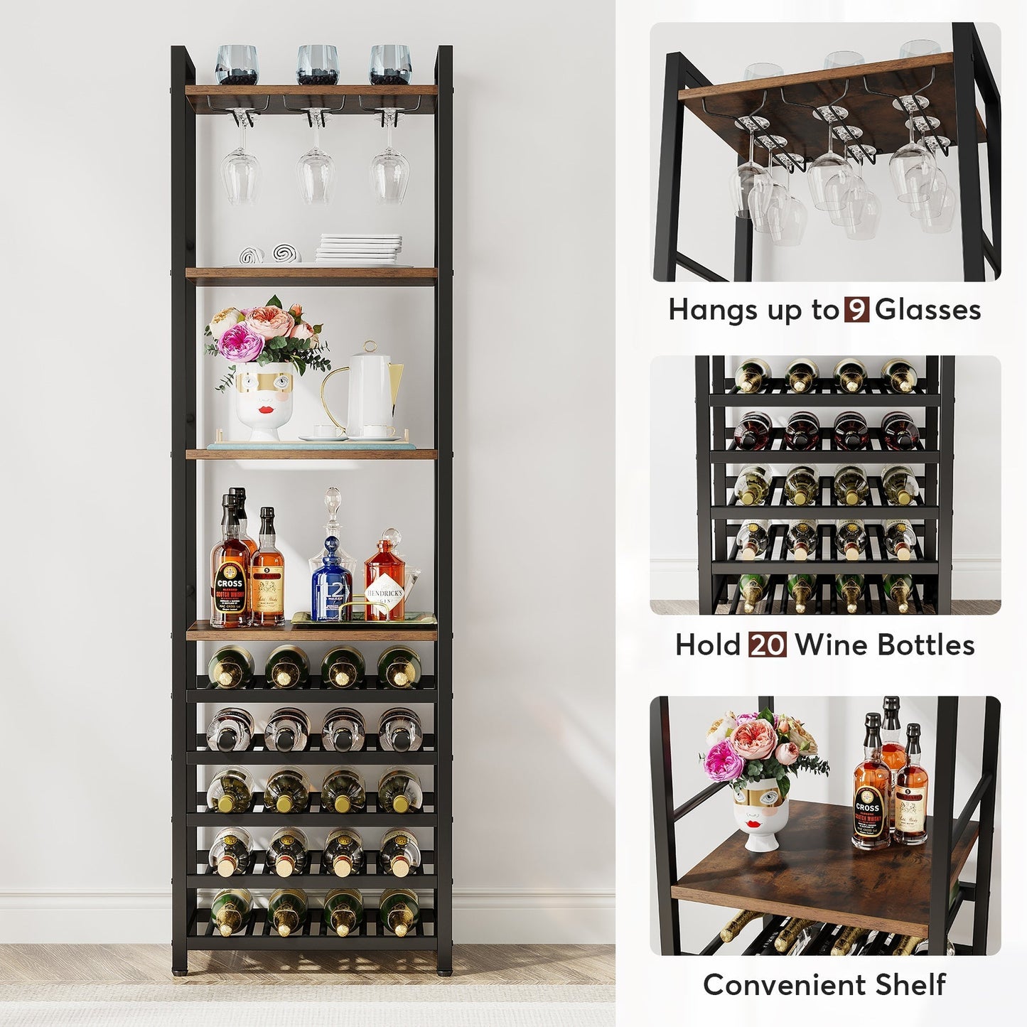 Tribesigns - 20 portabottiglie da vino, 9 ripiani, autoportante con supporto in vetro e ripiani per riporre vino, marrone rustico