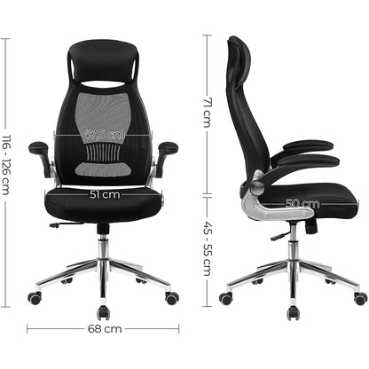 SONGMICS - Sedia da ufficio, Regolabile in altezza, girevole, Schienale reclinabile a 360 °, Poggiatesta e Braccioli Pieghevoli, Nero, in Rete