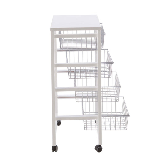 GINGERONE, Carrello cucina, carrello cucina legno, carrello cucina salvaspazio, 4 cestelli scorrevoli, bianco
