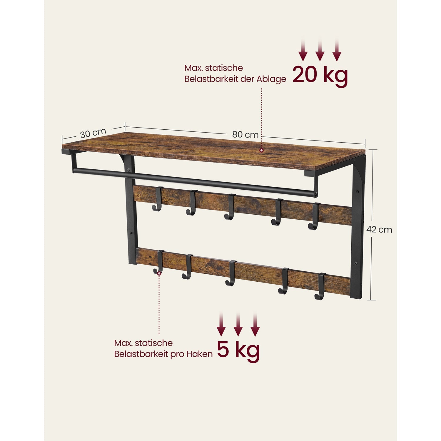 Vasagle, guardaroba da parete con scaffale e 10 ganci rimovibili vintage marrone nero, 3