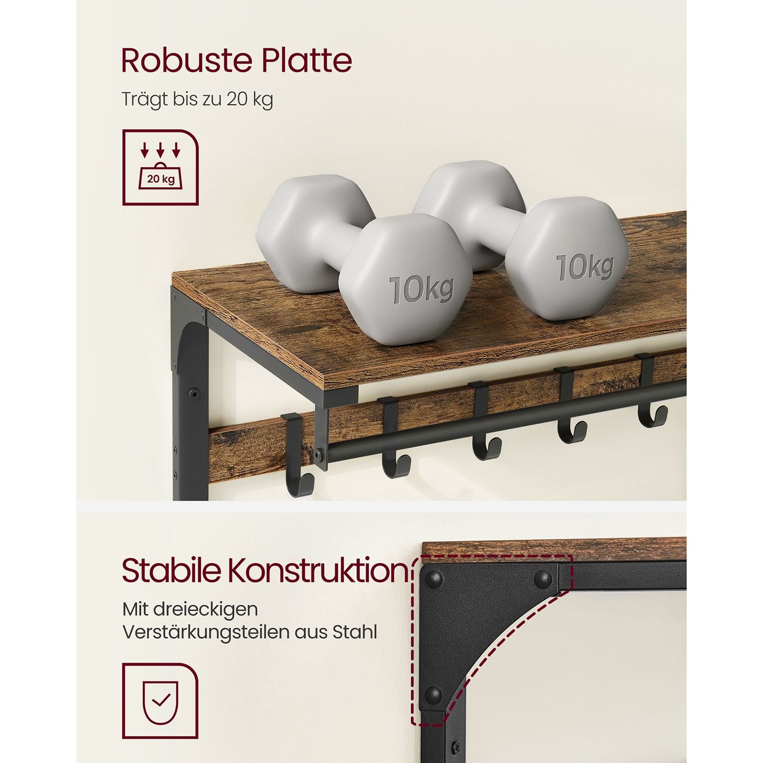 Vasagle, guardaroba da parete con scaffale e 10 ganci rimovibili vintage marrone nero, 2