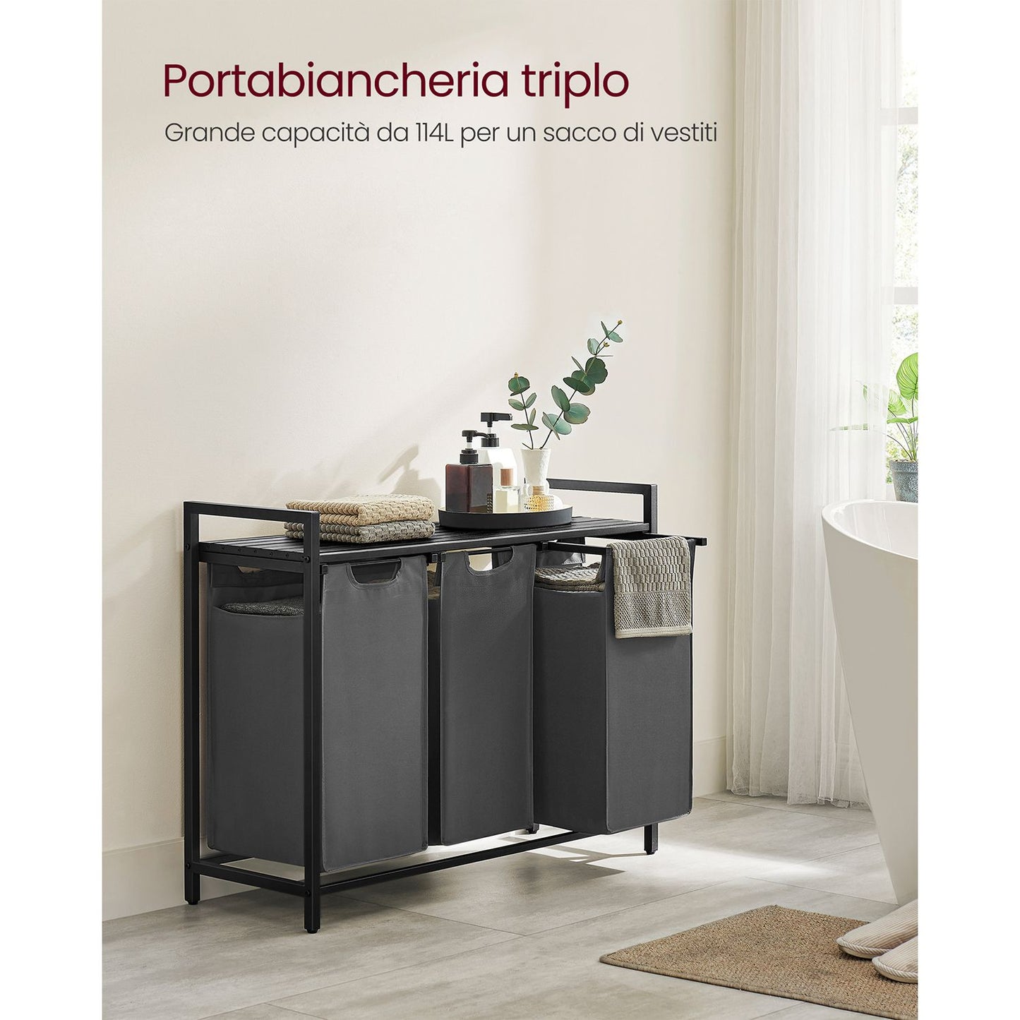 Vasagle, Mobiletto Portabiancheria, 3 Sacchi, Piano d'appoggio,  Metallo, Mobile Portabiancheria, Portabiancheria, 3