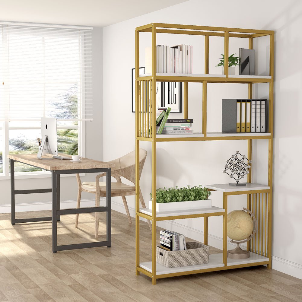 Tribesigns, etagere libreria a 7 ripiani aperti con struttura in metallo dorato, 3