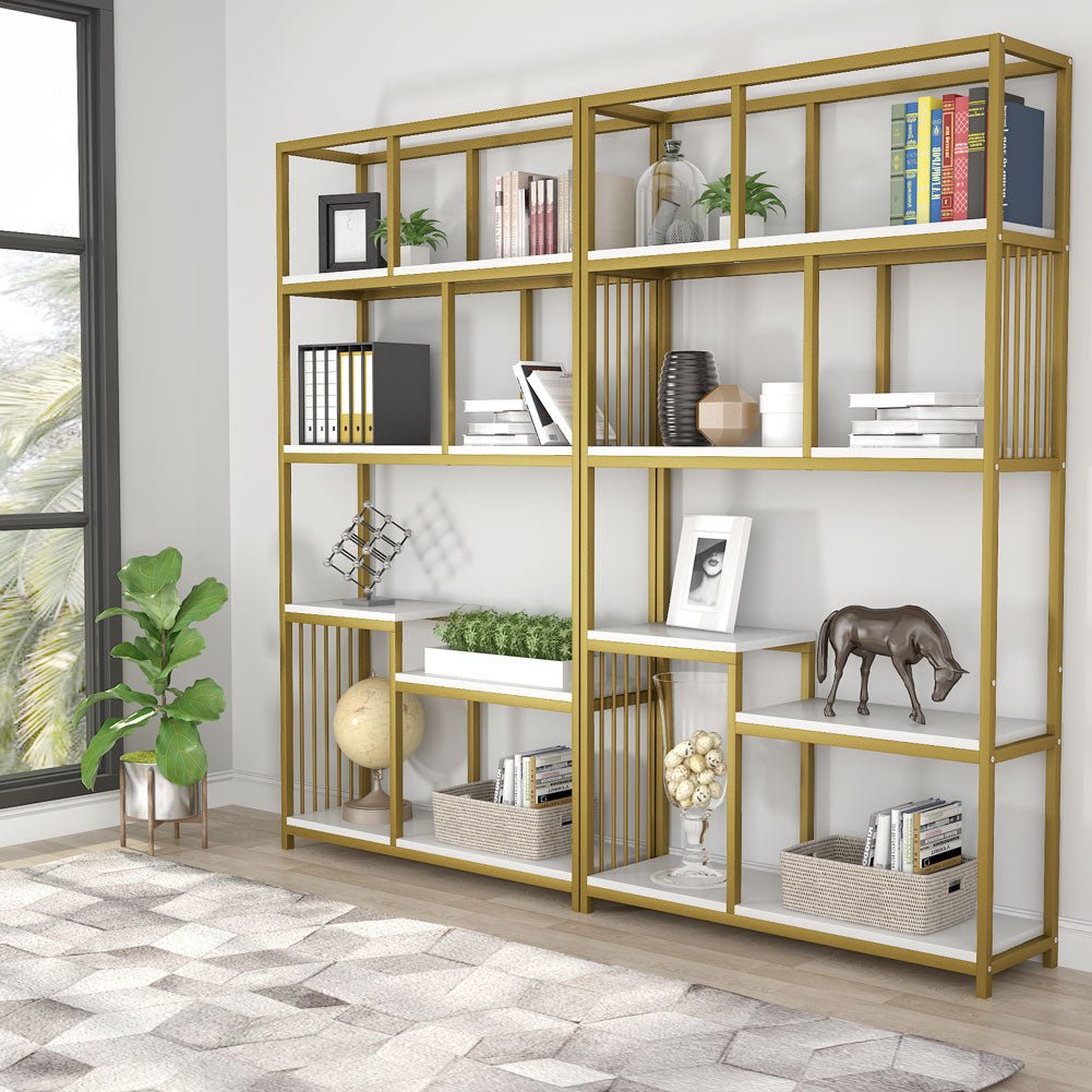 Tribesigns, etagere libreria a 7 ripiani aperti con struttura in metallo dorato, 2