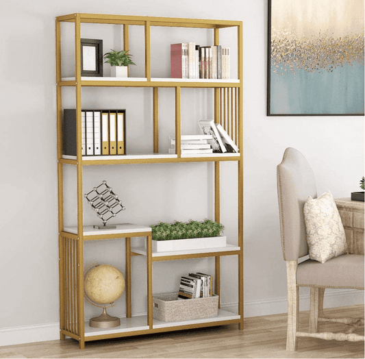 Etagere - Libreria a 7 ripiani aperti con struttura in metallo dorato, moderna ed elegante, per mobili per la casa