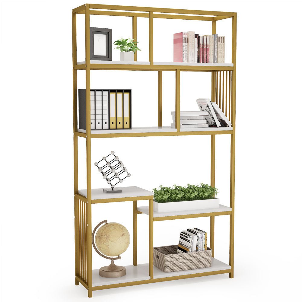 Tribesigns, etagere libreria a 7 ripiani aperti con struttura in metallo dorato, 1