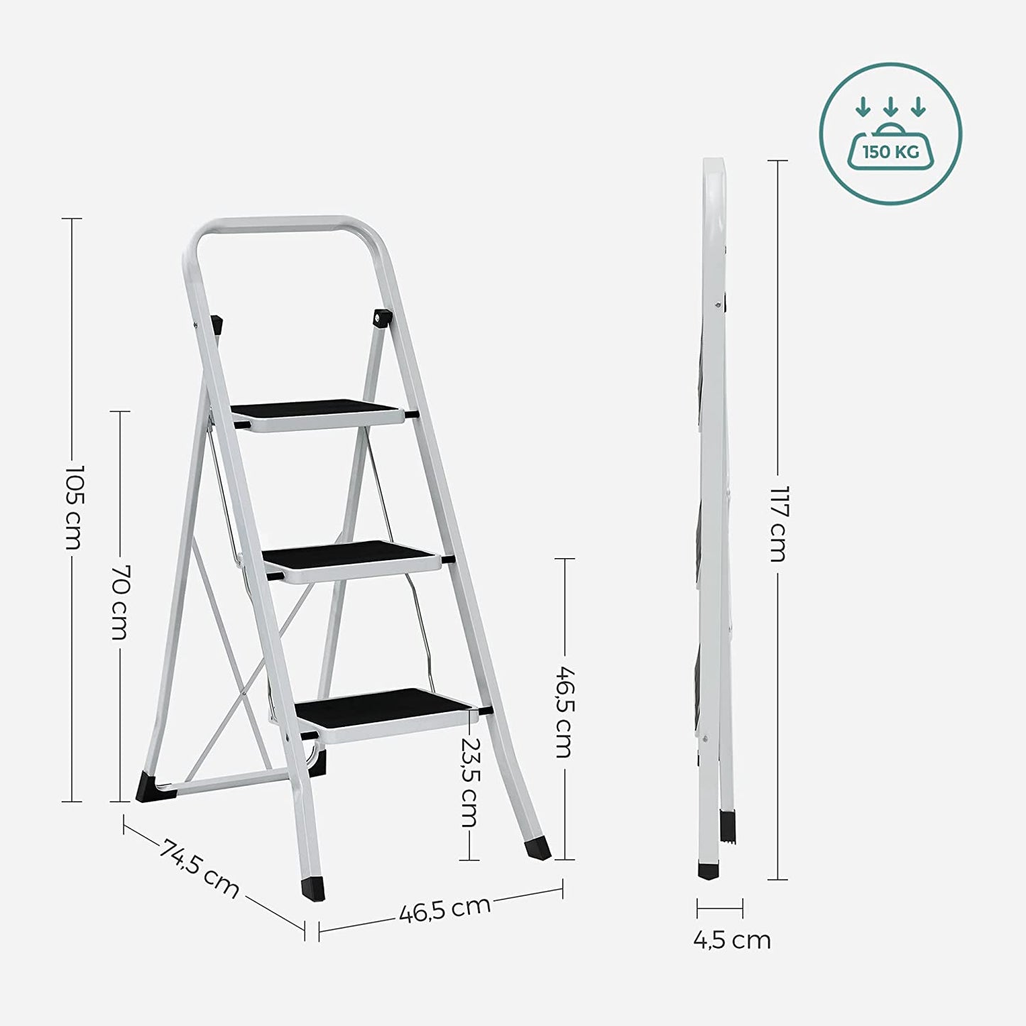 SONGMICS, Scaletta a 3 gradini, Scala pieghevole, Piegata - A117 cm, P4.5 cm. 