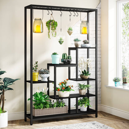 Tribesigns - Supporto per piante da interno alto a 5 livelli, grande mensola in metallo da 180 cm con 10 ganci da appendere, nero