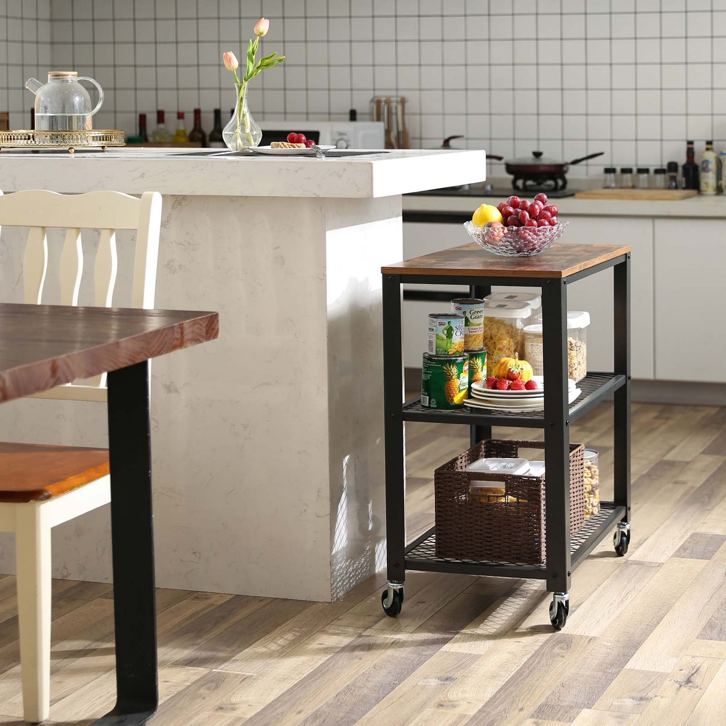 VASAGLE - Carrello cucina a 3 piani, Portaoggetti, con ripiano in legno, rotelle, per cucina