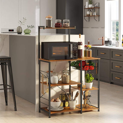 VASAGLE - Scaffale da Cucina, Supporto per Forno a Microonde, Mobile Cucina, con Cestino a Filo Metallico, 6 Ganci, per Spezie, Pentole e Padelle