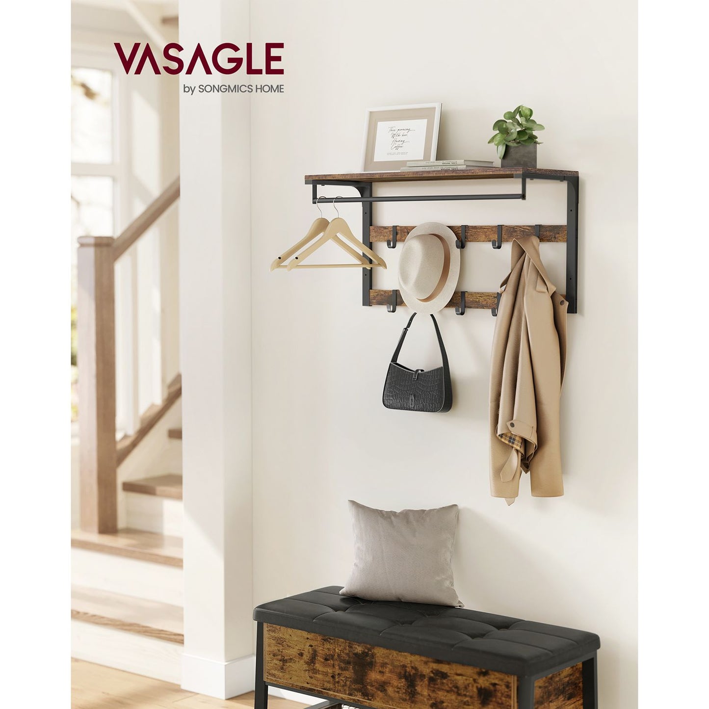 Vasagle, guardaroba da parete con scaffale e 10 ganci rimovibili vintage marrone nero