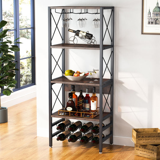 portabottiglie per vino, 4 ripiani, stile industriale, con supporto in vetro e contenitore per vino, colore marrone rustico