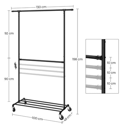 SONGMICS - appendiabiti in design industriale, capacità di carico fino a 110 kg, appendiabiti su rotelle, 2 aste appendiabiti, in metallo, nero