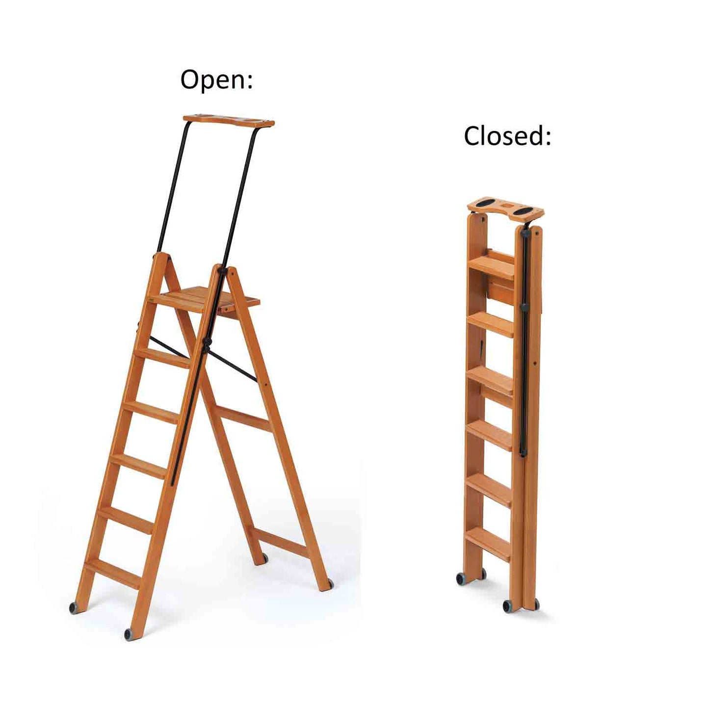 Scala, Scaletta pieghevole, Scaletta legno, gradini antiscivolo, sistema di sicurezza, ruote, TUSCANIA 6, 3