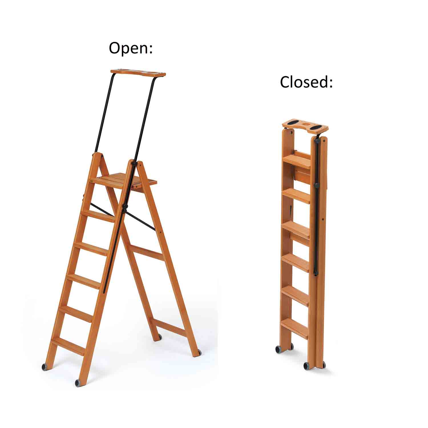 Scala, Scaletta pieghevole, Scaletta legno, gradini antiscivolo, sistema di sicurezza, ruote, TUSCANIA 6, 3