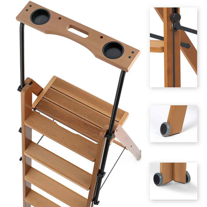 Scala, Scaletta pieghevole, Scaletta legno, gradini antiscivolo, sistema di sicurezza, ruote, TUSCANIA 6, 4