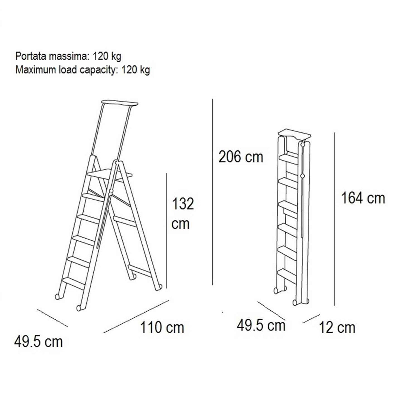Scala, Scaletta pieghevole, Scaletta legno, gradini antiscivolo, sistema di sicurezza, ruote, TUSCANIA 6, 5