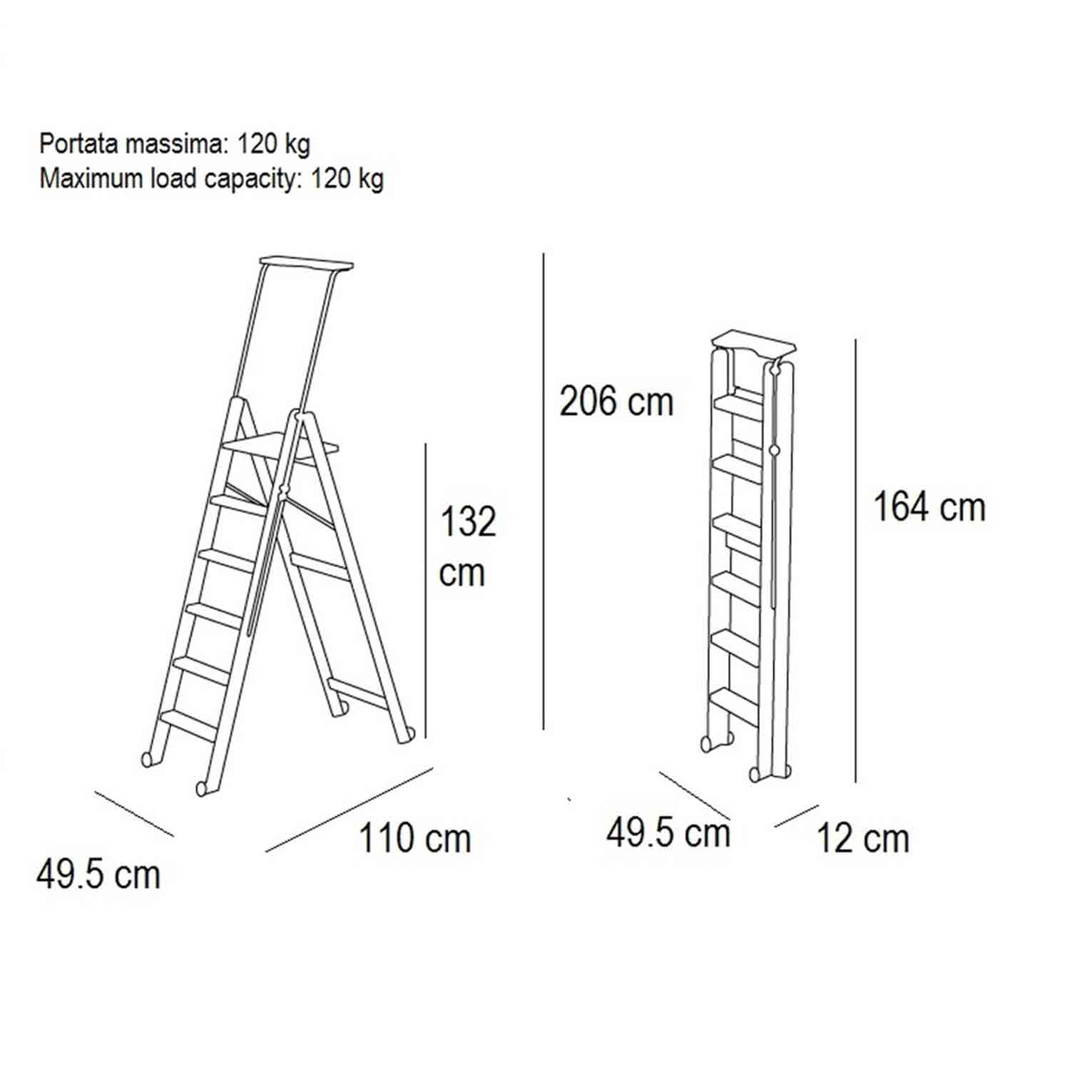 Scala, Scaletta pieghevole, Scaletta legno, gradini antiscivolo, sistema di sicurezza, ruote, TUSCANIA 6, 5