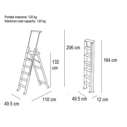 Scala, Scaletta pieghevole, Scaletta legno, gradini antiscivolo, sistema di sicurezza, ruote, TUSCANIA 6, 5