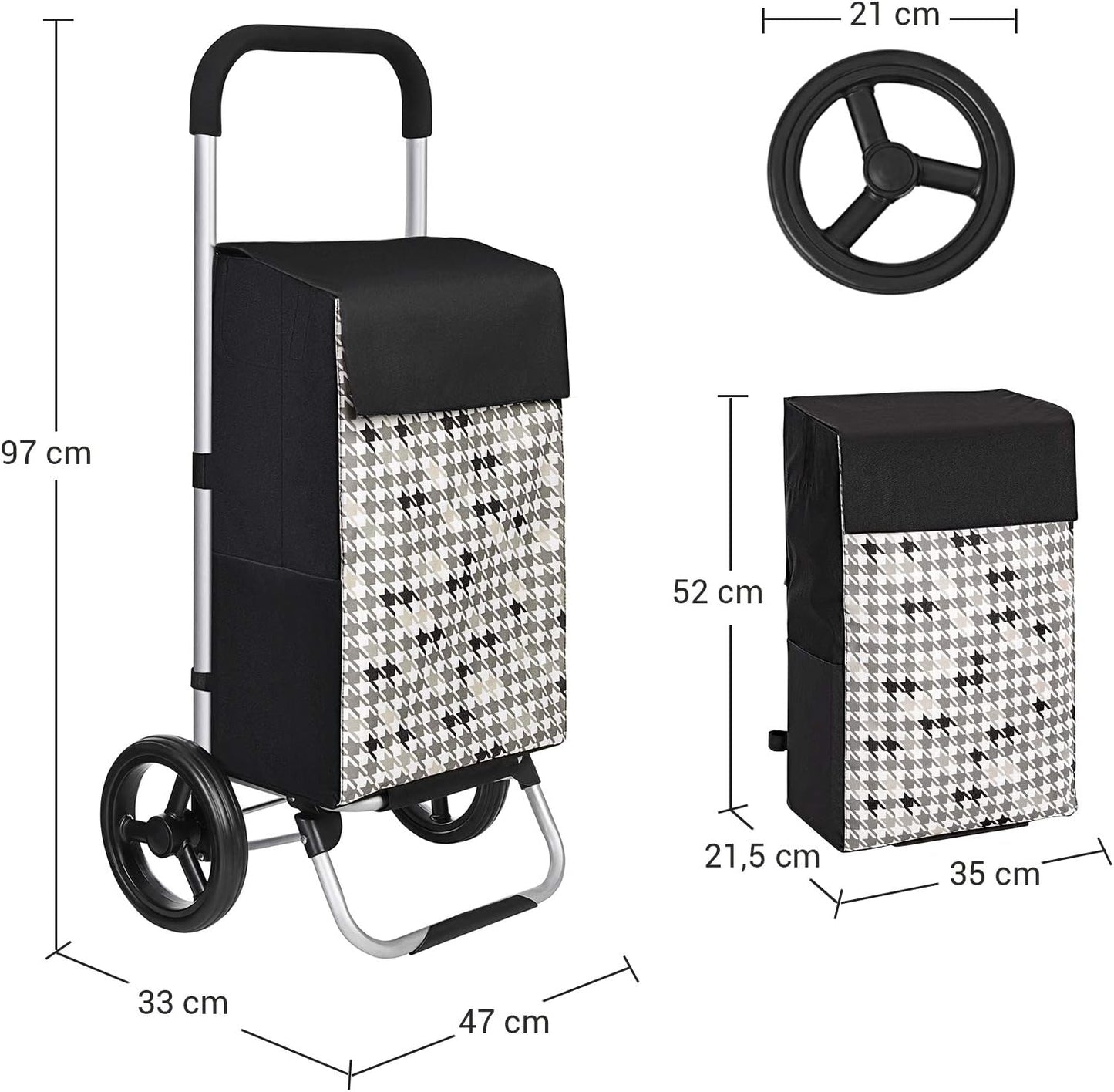 Carrello spesa, carrello della spesa, carrello portaspesa, 40L, Tasche, Rotelle Silenziose, Ganci, Nero, Songmics, 2