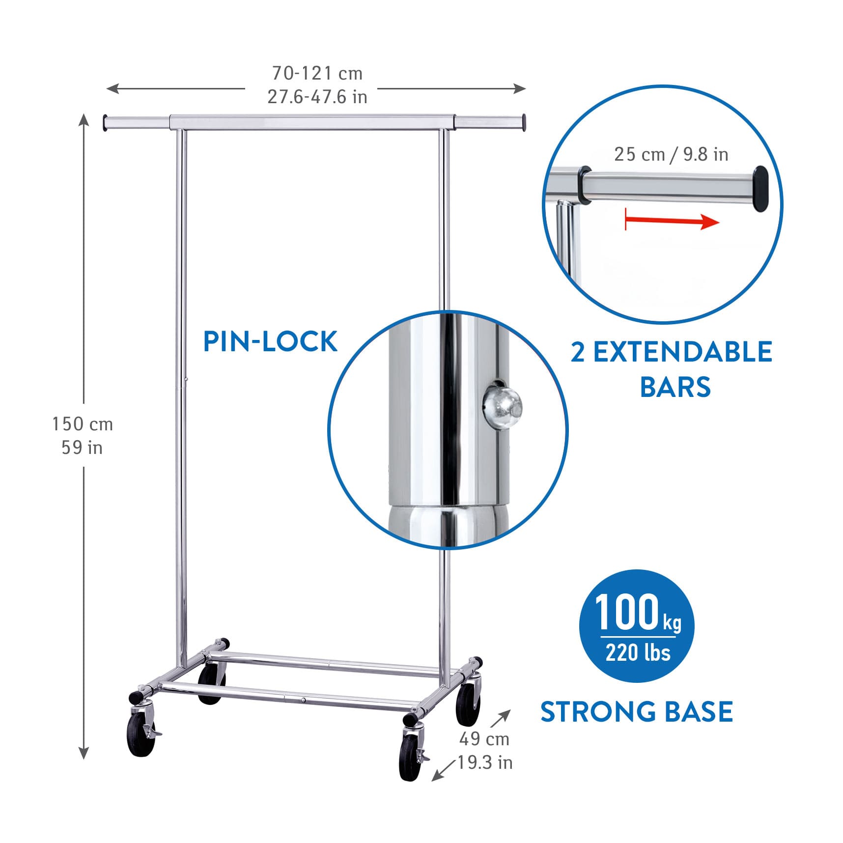 Stand Appendiabiti, Portata fino a 100 kg, Pieghevole, Appendiabiti con Ruote, Asta allungabile, Tatkraft Darren, 5