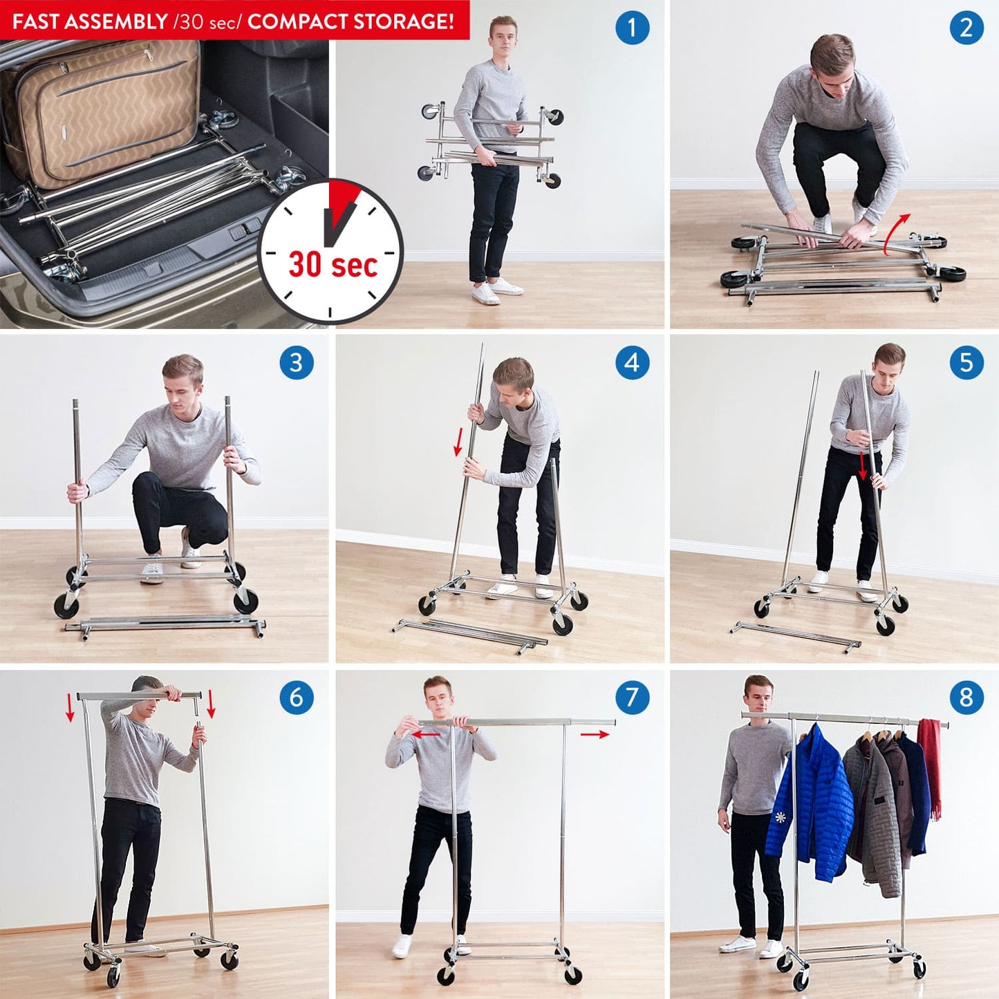 Stand Appendiabiti, Portata fino a 100 kg, Pieghevole, Appendiabiti con Ruote, Asta allungabile, Tatkraft Darren, 9