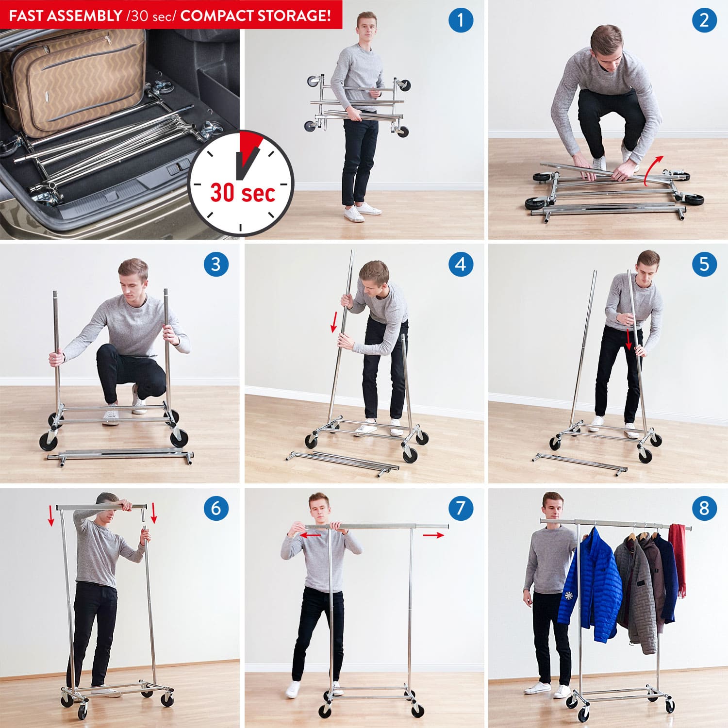 Stand Appendiabiti, Portata fino a 100 kg, Pieghevole, Appendiabiti con Ruote, Asta allungabile, Tatkraft Darren, 9