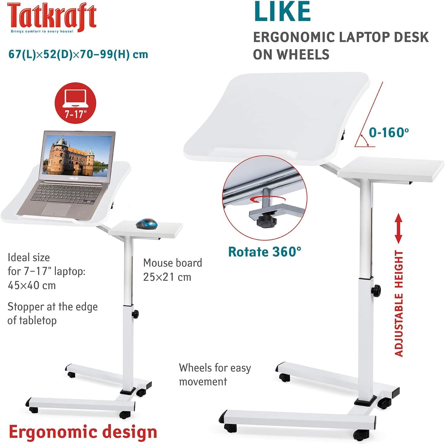 Tavolino Regolabile per Laptop, Tavolino da Letto, Tavolino per Divano, con Supporto per Mouse, con Ruote, Tatkraft Like, 11