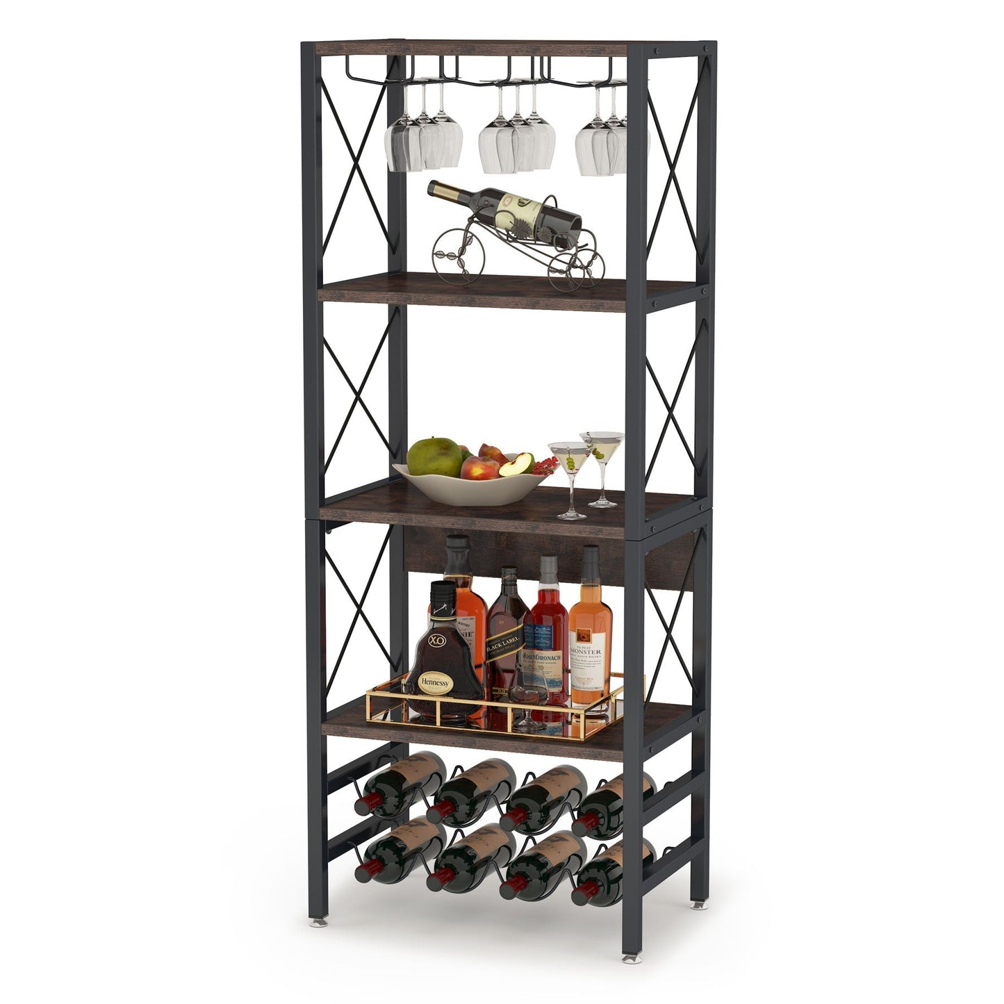 Tribesigns - portabottiglie per vino, 4 ripiani, stile industriale, con supporto in vetro e contenitore per vino, colore marrone rustico
