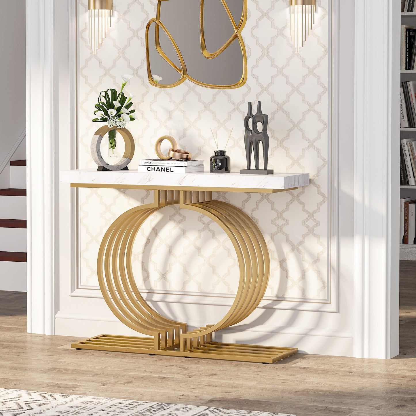 Consolle moderna con base dorata, 101,6 cm,  divano stretto e lungo, tavolo contemporaneo per soggiorno, finto marmo bianco
