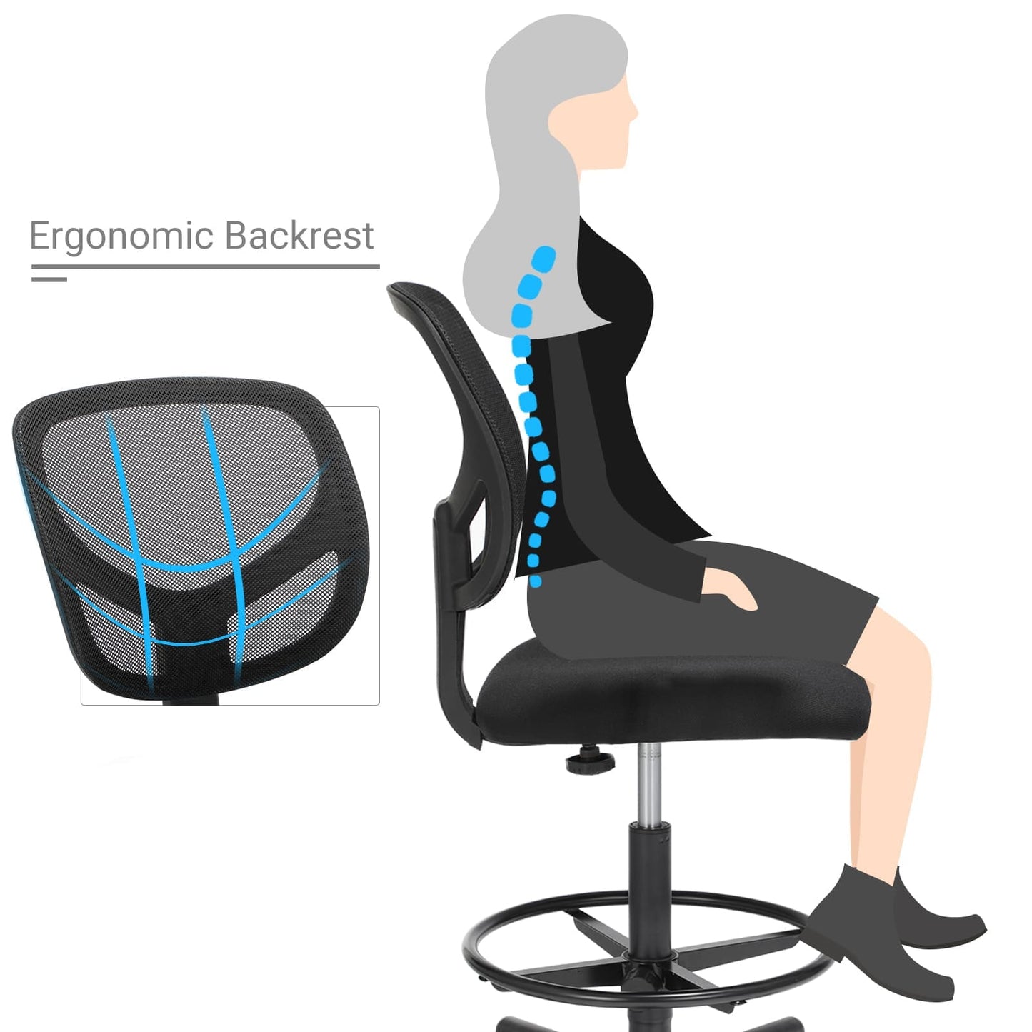 Sedia da scrivania, schienale ergonomico, altezza regolabile, poggiapiedi, SONGMICS